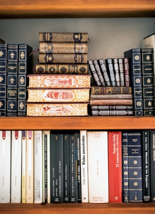 Photograph of books stacked on shelf