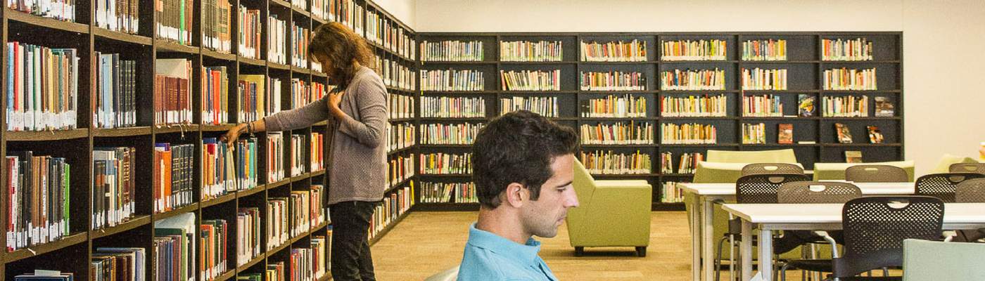 Photograph of two people in the library