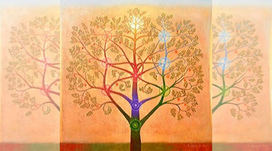 Tree with leaves that have chakra points on them