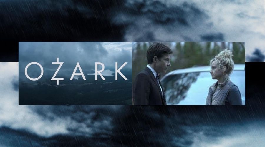 Ozark logo with still of Jason Bateman and Julia Garner