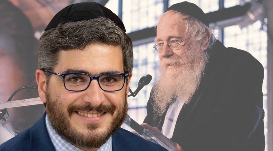 Rabbi Pinchas Allouche in front of a photo of Rabbi Adin Even-Israel Steinshaltz at the pulpit