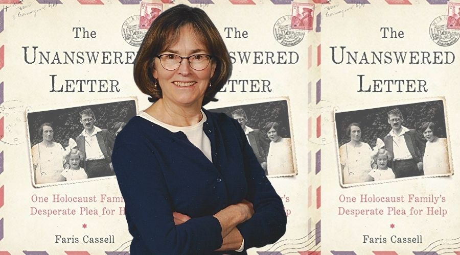 Faris Cassell in front of her book cover