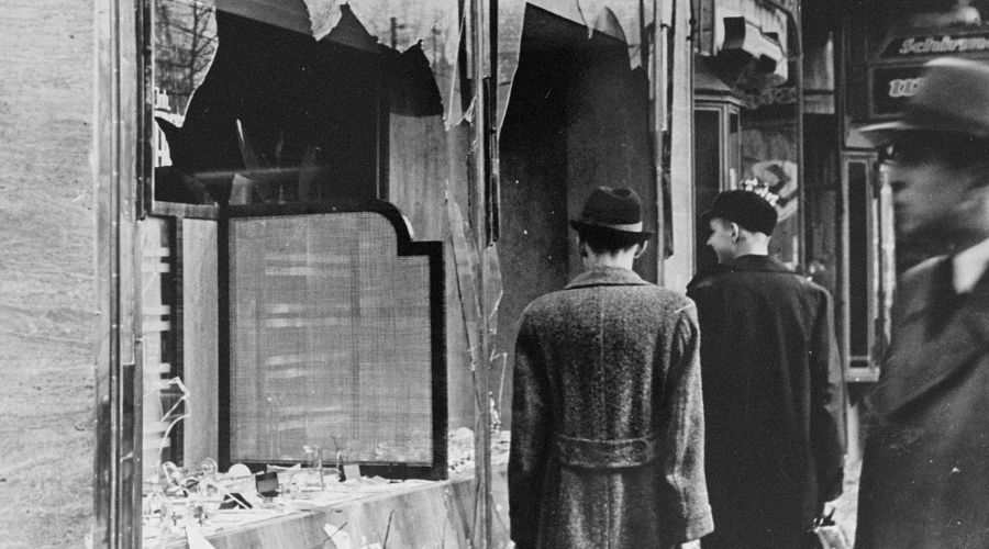 a broken window on Kristallnacht