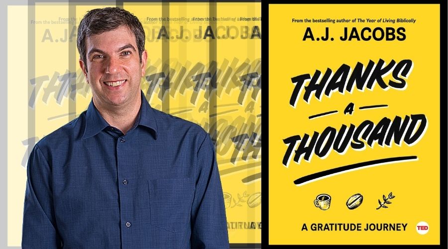 AJ Jacobs with the cover of his newest book