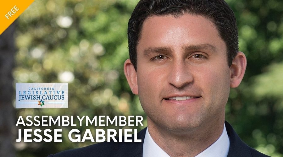 Flyer for Jesse Gabriel with his headshot and Jewish Caucus Logo