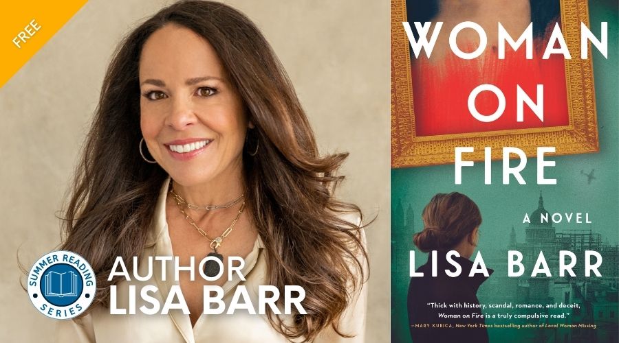 Lisa Barr headshot with Woman on Fire book graphic