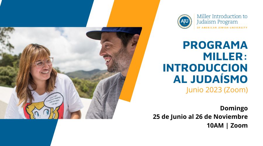 Spanish Miller Intro to Judaism Class with a man and woman smiling at each other in a photo alongside the time and date of the course