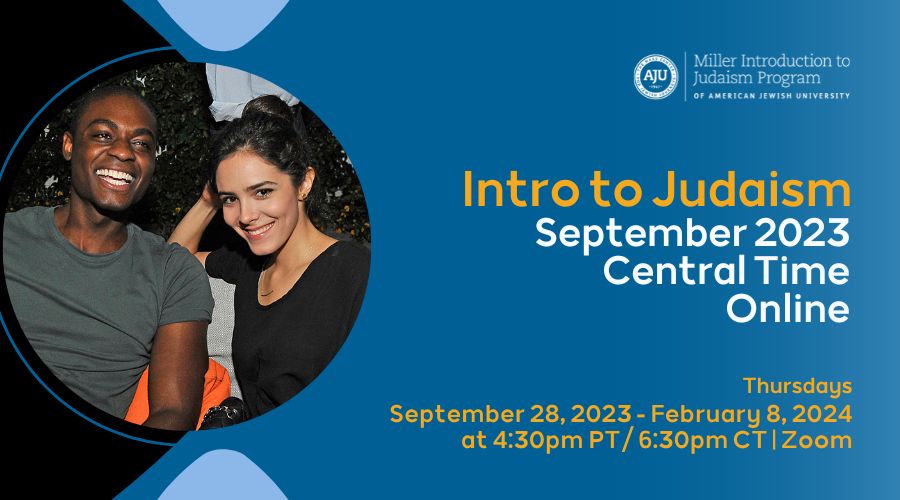 Intro to Judaism September class graphic with photo of a man and woman smiling with text of dates and time of the class