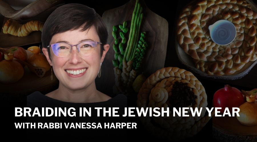 HighHolyDays_Challah_AJUOpenLearning_FreeEvent_Graphic_VanessaHarperHeadshot_Challahinbackground