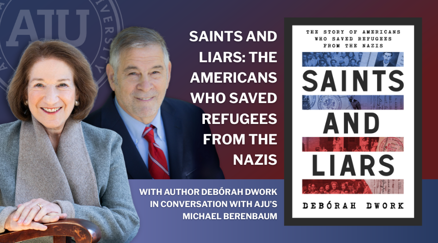 Saints and Liars book with Michael Berenbaum and Deborah Dwork headshots