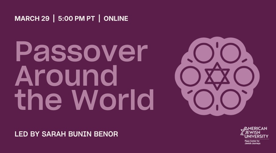 Passover around the world in light pink text on purple background with sedar plate design