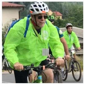 Dr. Berenbaum riding through Poland for Ride of the Living