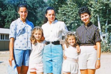 Photo of Harriet Scharf and camp counselors, 1958, at Camp Alonim