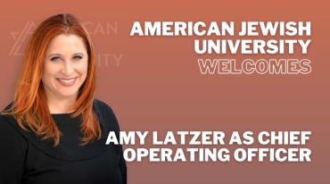 American Jewish University Welcomes Amy Latzer as Chief Operating Officer with headshot of Amy and orange background