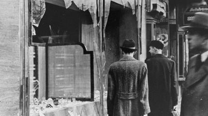 a broken window on Kristallnacht