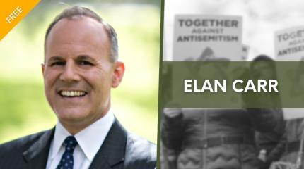 Headshot of Elan Carr next to Together Against Antisemitism poster at a protest
