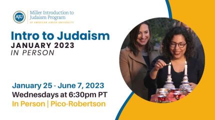Intro to Judaism January 2023 In Person Class flyer with date, time and photo of a woman lighting the Shabbat candles with another woman smiling behind her