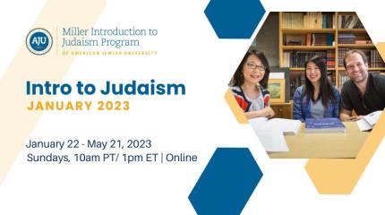 Intro to Judaism January 2023 Online Flyer with photo of three students smiling with books, sitting at their desks