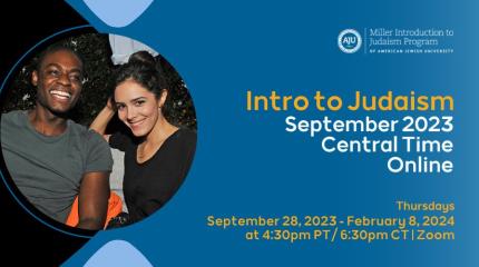 Intro to Judaism September class graphic with photo of a man and woman smiling with text of dates and time of the class