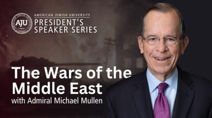 Graphic for The Wars of the Middle East with Admiral Mullen including his headshot and an image of a tank in the background