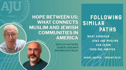 Hope Between Us: What Connects Muslim and Jewish Communities in America iwth headshots of Heilman and Bilici and front cover of book titled Following Similar Paths