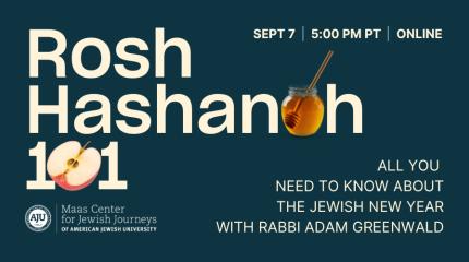 Rosh Hashanah 101 blue background and apples and honey
