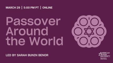 Passover around the world in light pink text on purple background with sedar plate design